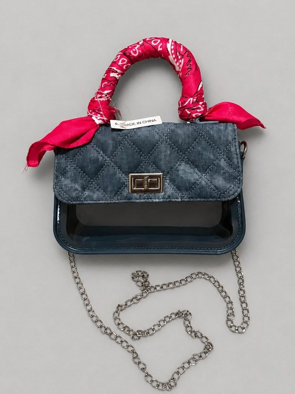 Stylish Blue Quilted Crossbody with Pink Bandana  Scarf Handle, See through bag